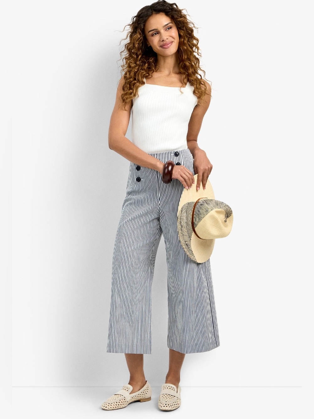 Trina Turk Saltie Striped Wide Leg Crop Pants Ink Whitewash Size 2